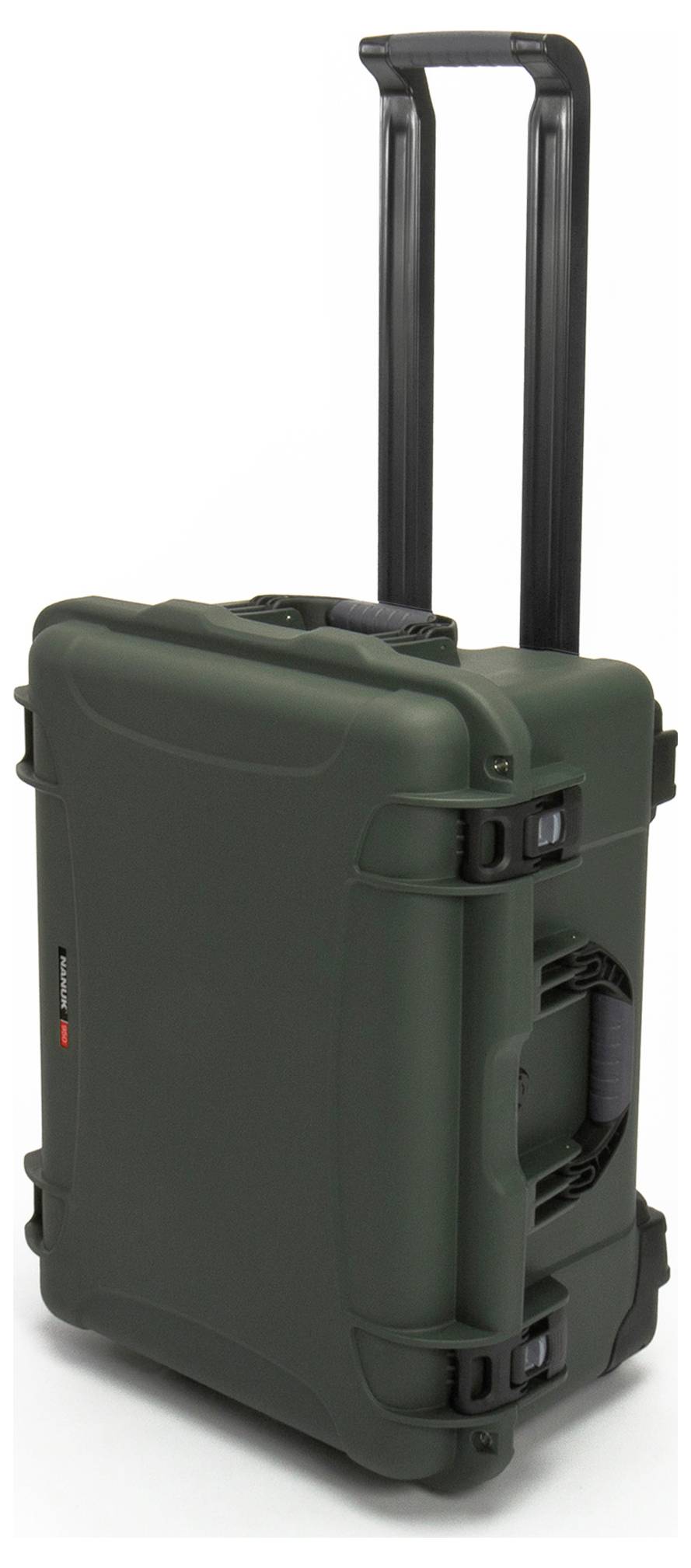 A green, sturdy suitcase with an extendable handle and wheels, suitable for transporting delicate items.