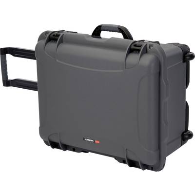 A grey, robust rolling suitcase with a telescopic handle, suitable for secure transportation of delicate equipment.