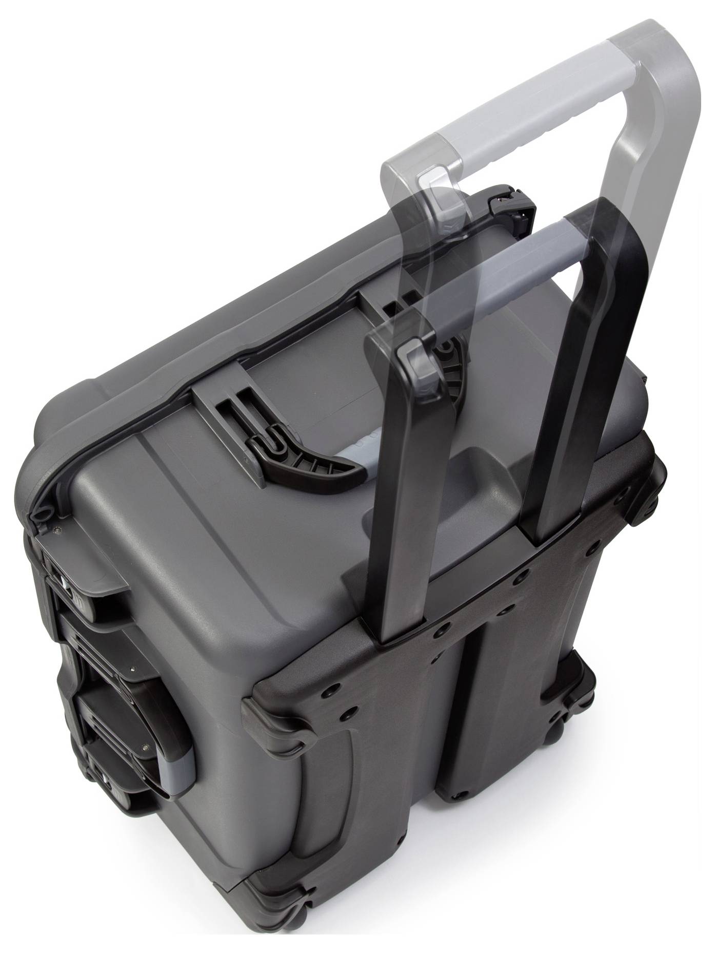 Wheeled suitcase with extendable handles, black casing. Ideal for travelling or transporting delicate equipment.