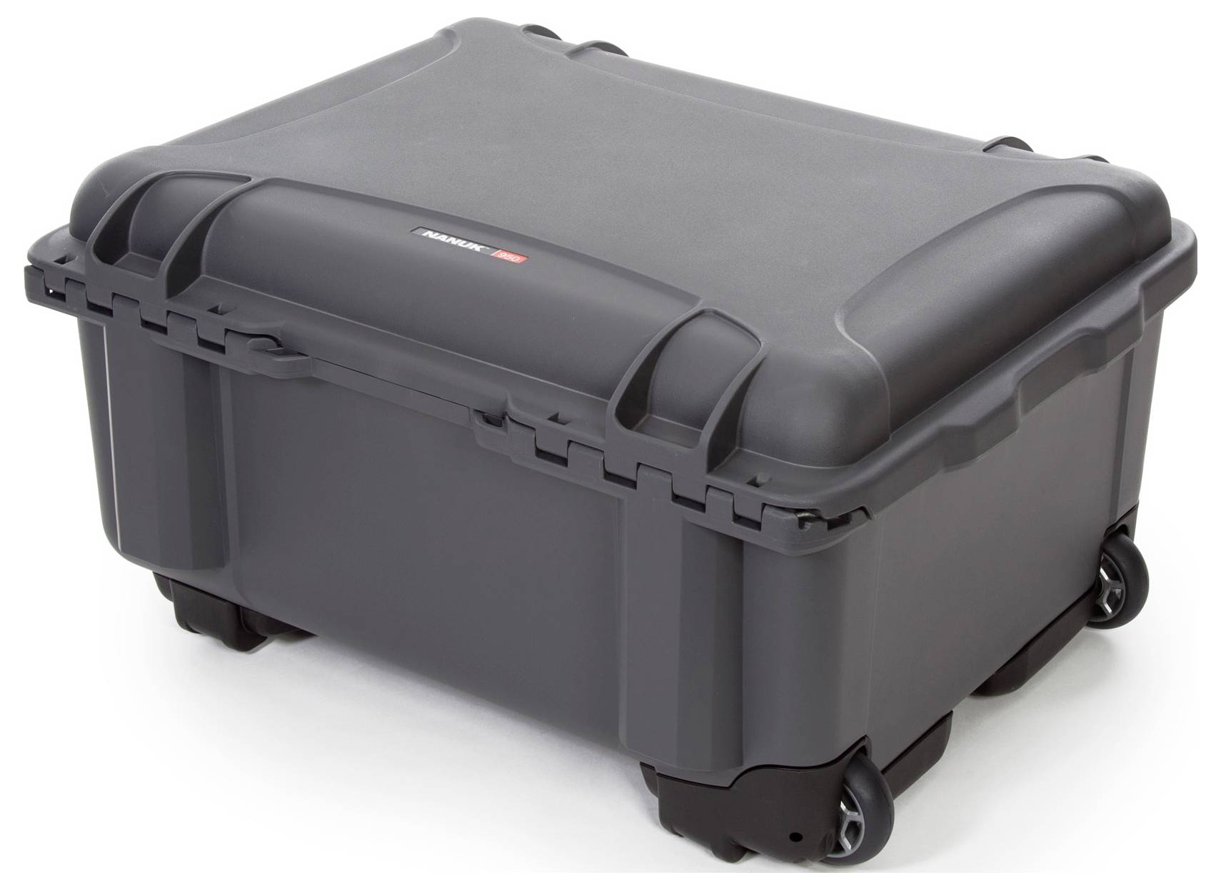 Black, sturdy transport case with wheels and a handle, suitable for the secure transportation of delicate items.