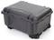 Black, sturdy transport case with wheels and a handle, suitable for the secure transportation of delicate items.