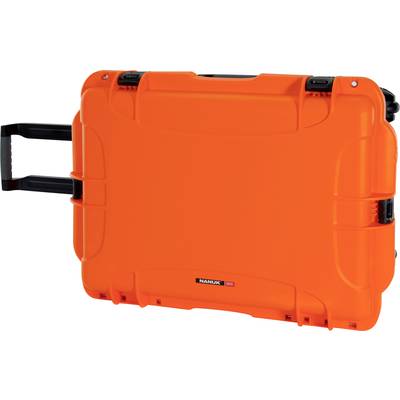 A bright orange hard-shell suitcase with handle and wheels. Label reads 'NANUK 960'.