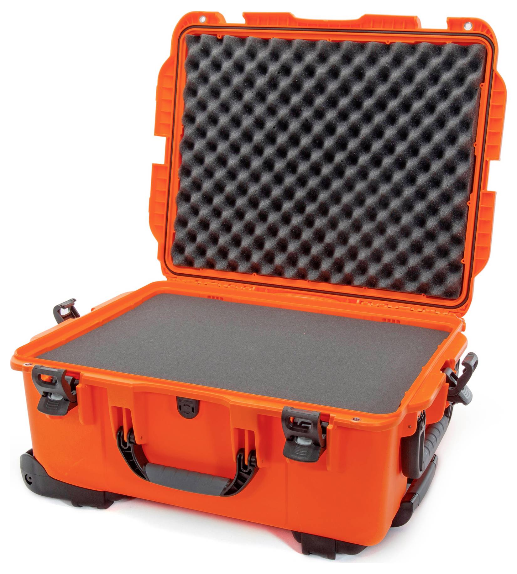 An orange, robust protective case with black foam padding inside. The case is open, revealing its secure interior.