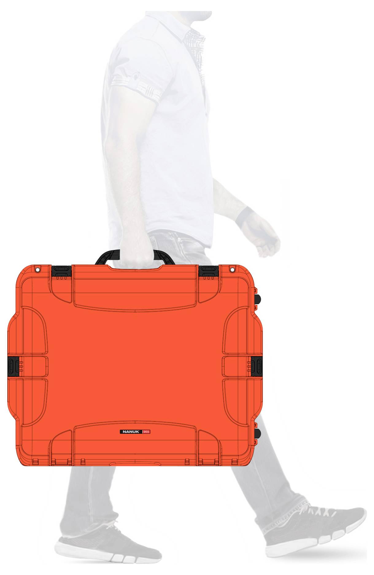 A man is carrying a bright orange suitcase in his hand. The suitcase has a sturdy handle and black fastenings.