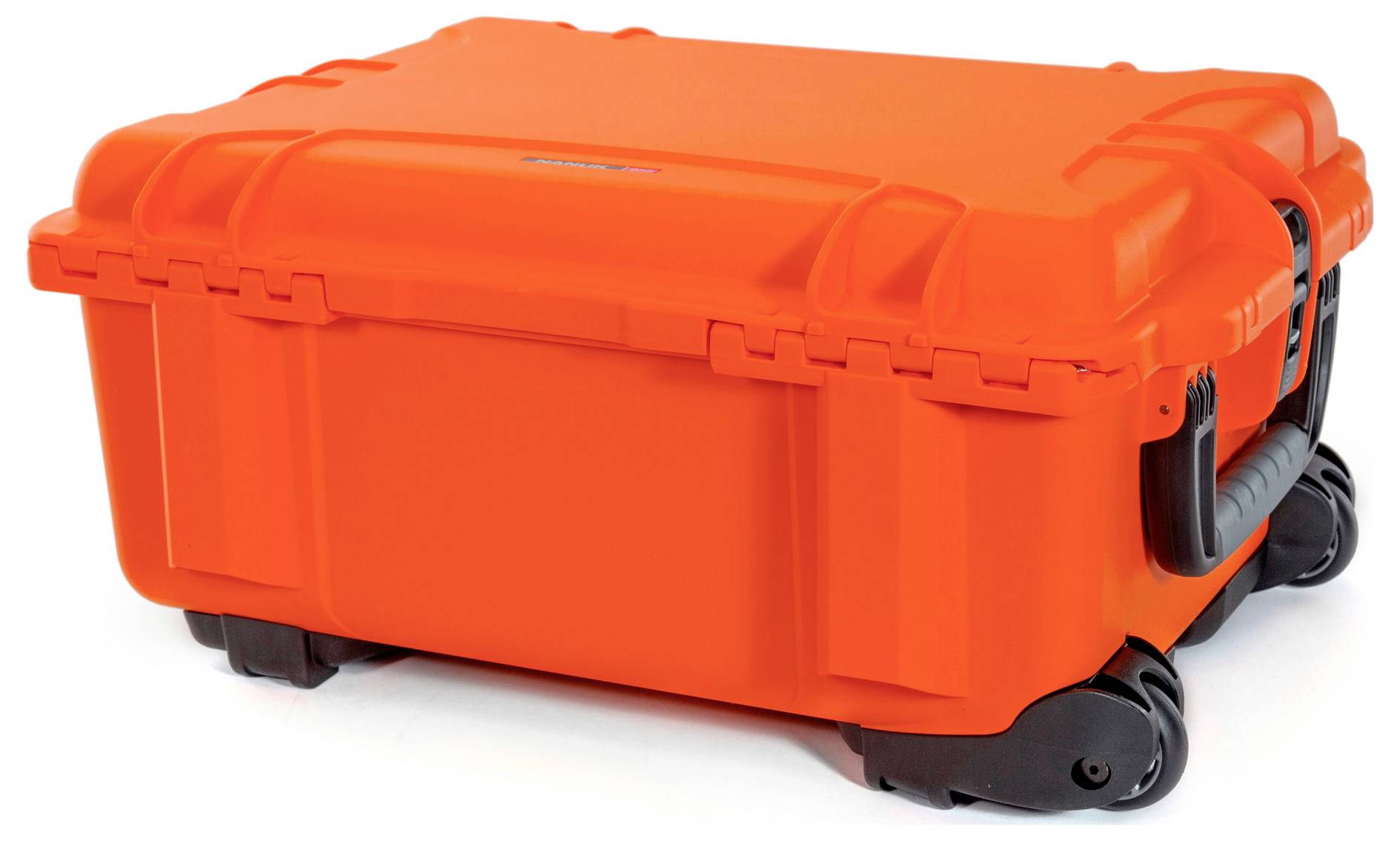 A large, bright orange hard-shell suitcase with wheels and sturdy handles stands upright.