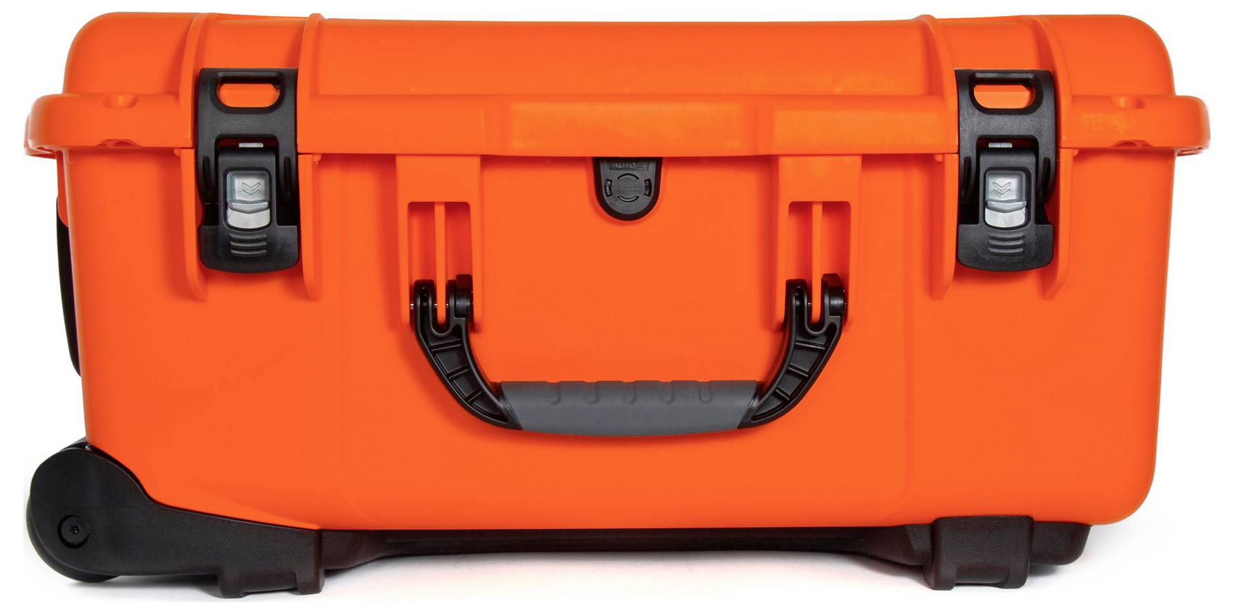 A bright orange suitcase with robust locks and a central handle designed for stability and portability.