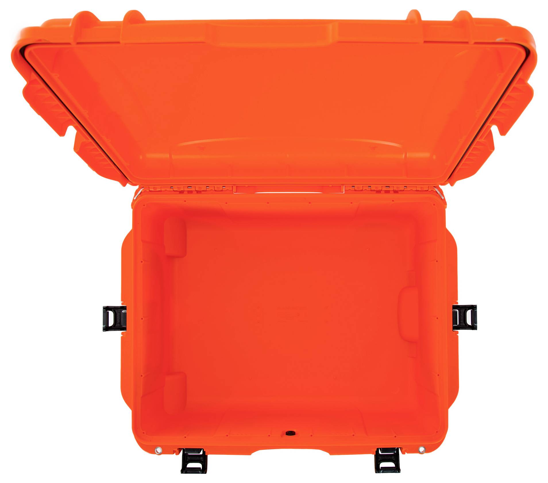 An open, empty, orange hard-shell suitcase viewed from above.