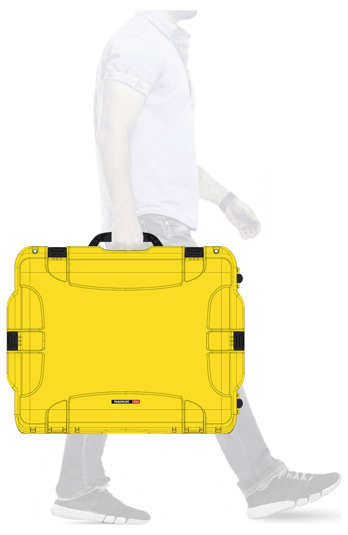 A man is carrying a large yellow suitcase by its side handle. The suitcase is rectangular with rounded corners and a small logo.