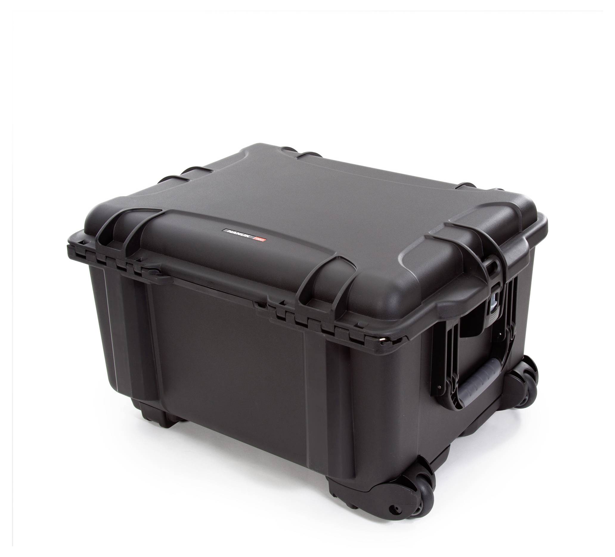 A robust, black suitcase with wheels, suitable for the secure transportation of delicate equipment or valuable items.