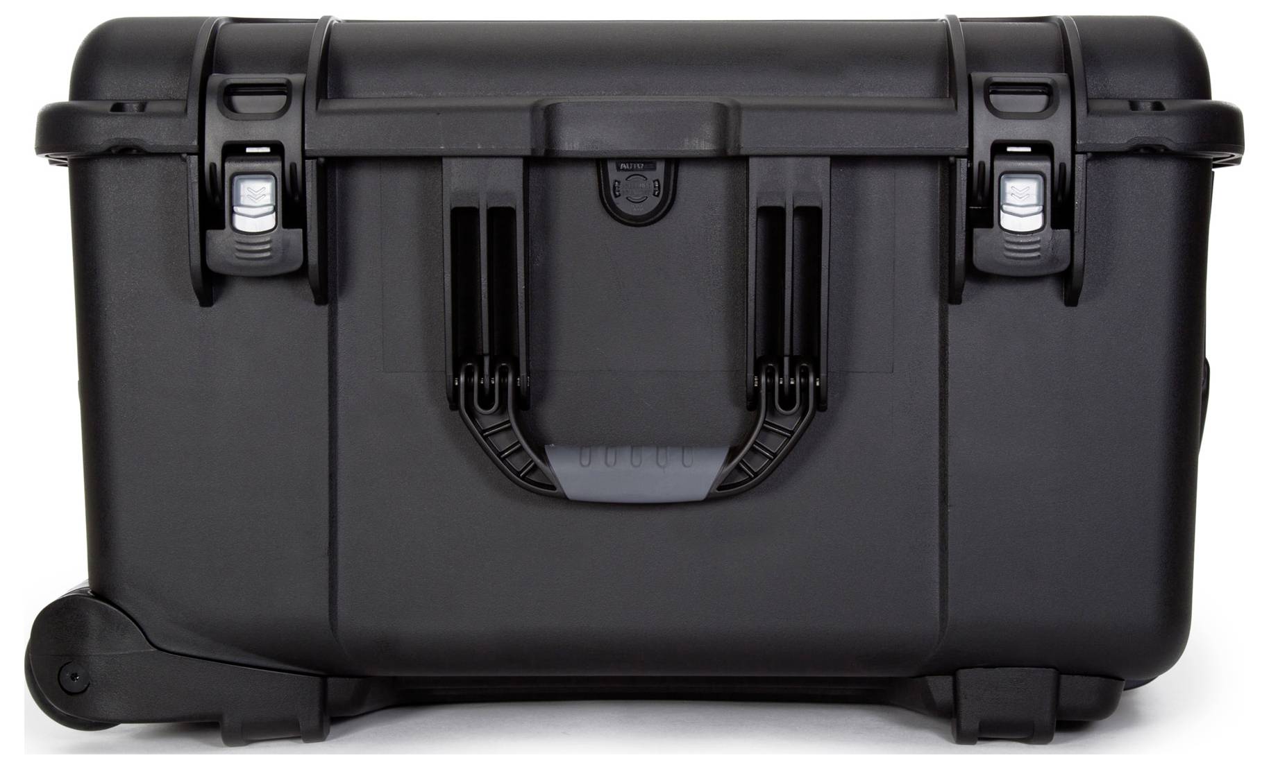 Black protective case with two locks and handle, on wheels.