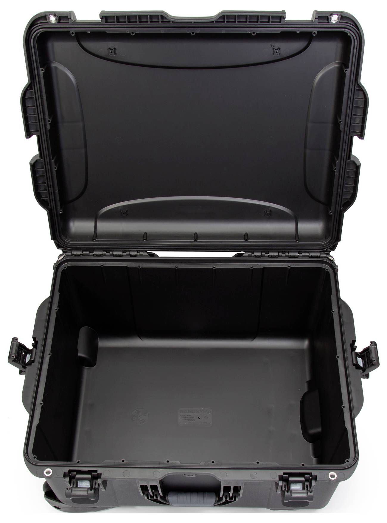 Black, open protective case with robust design. Suitable for safe transportation and storage of sensitive equipment.