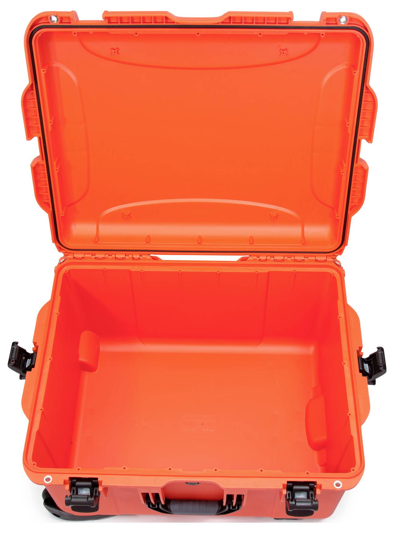 'An open, bright orange hard-shell case with compartments, ideal for the safe transportation of delicate equipment.'