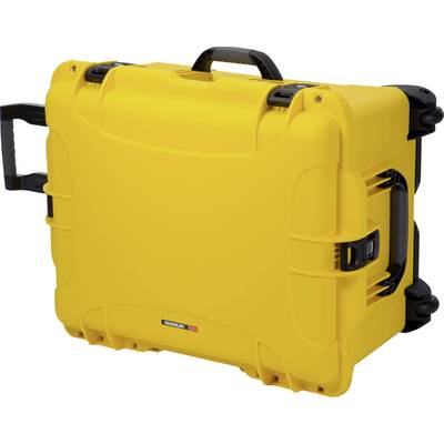 Yellow, robust rolling suitcase with black handle and locks, suitable for safely transporting delicate equipment.