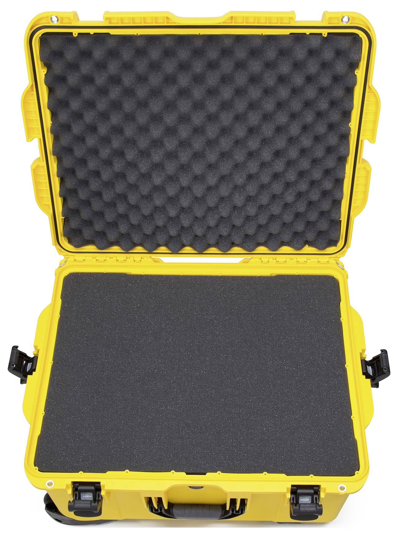 Yellow protective case with open lid, black foam lining inside, suitable for secure storage and transport of sensitive equipment.