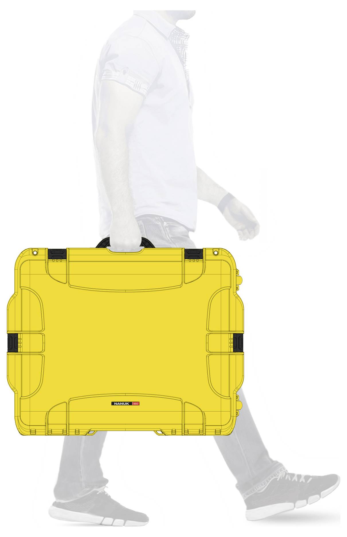 A person is carrying a large, yellow suitcase in their right hand. The person is partially rendered in a transparent manner to emphasise the suitcase.