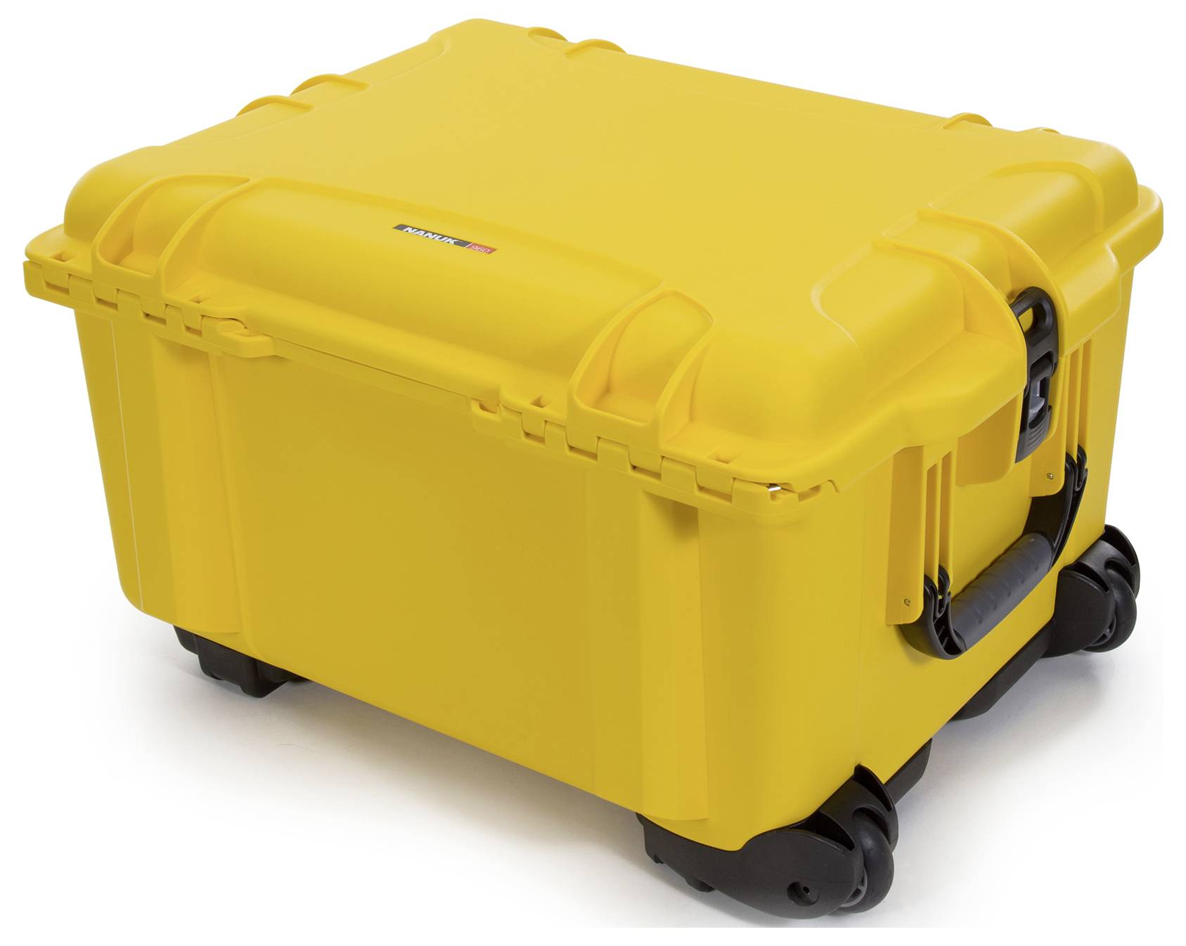 Yellow protective case with wheels and sturdy handle, suitable for transporting delicate equipment.