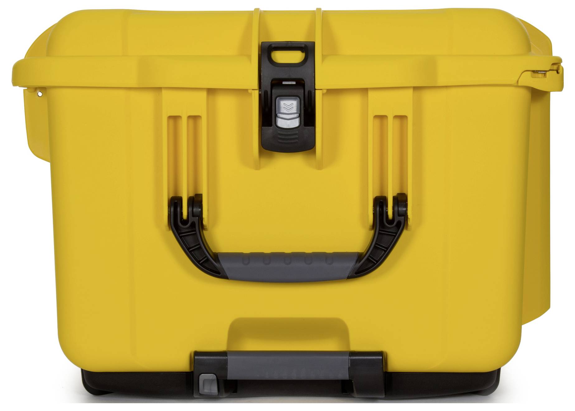 'Yellow, robust plastic container with black handle and latch.'