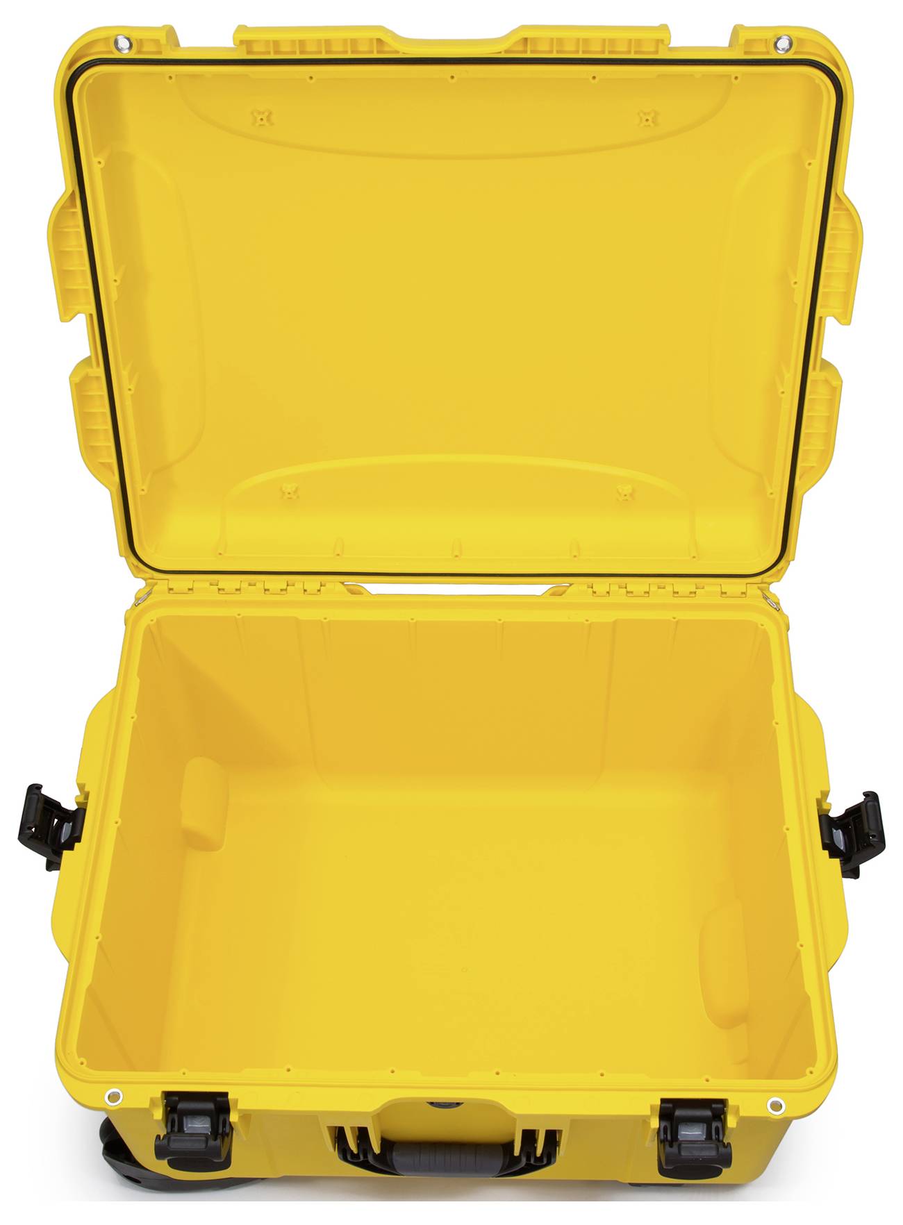 A yellow, empty suitcase with an open lid; it has robust edges and snap locks, suitable for travelling or storage.