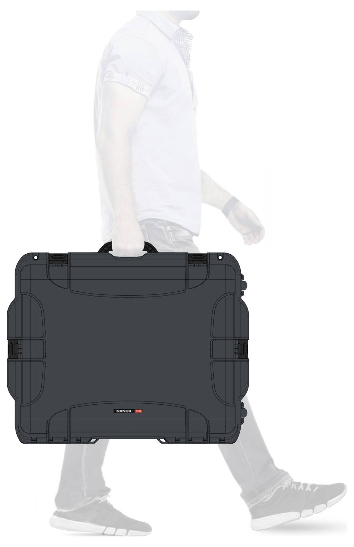 A man is carrying a large, rectangular, black suitcase in his hand. The suitcase has a robust construction and handles on top.