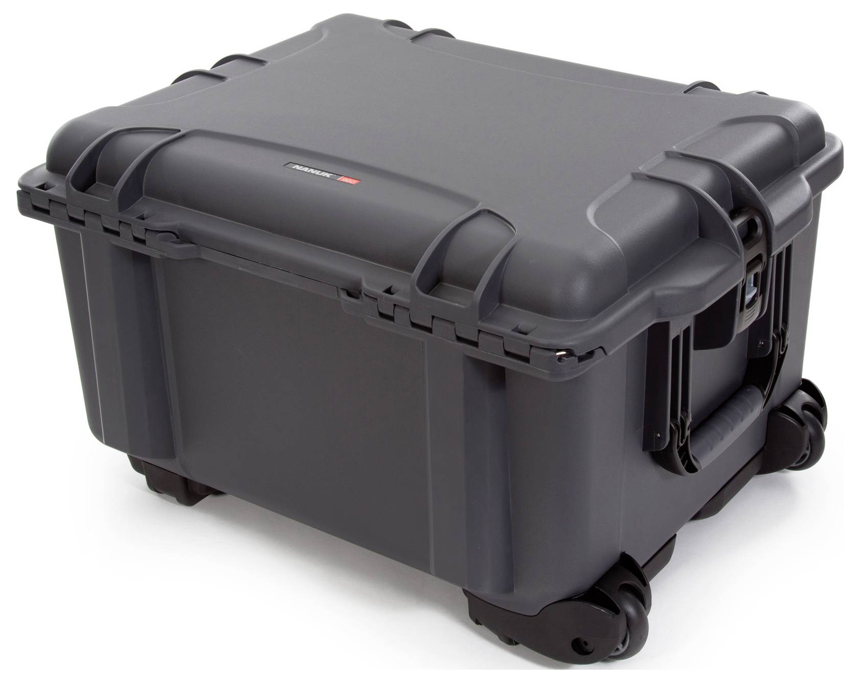 A sturdy, dark grey plastic case with wheels and handles, suitable for the secure transportation of delicate equipment.