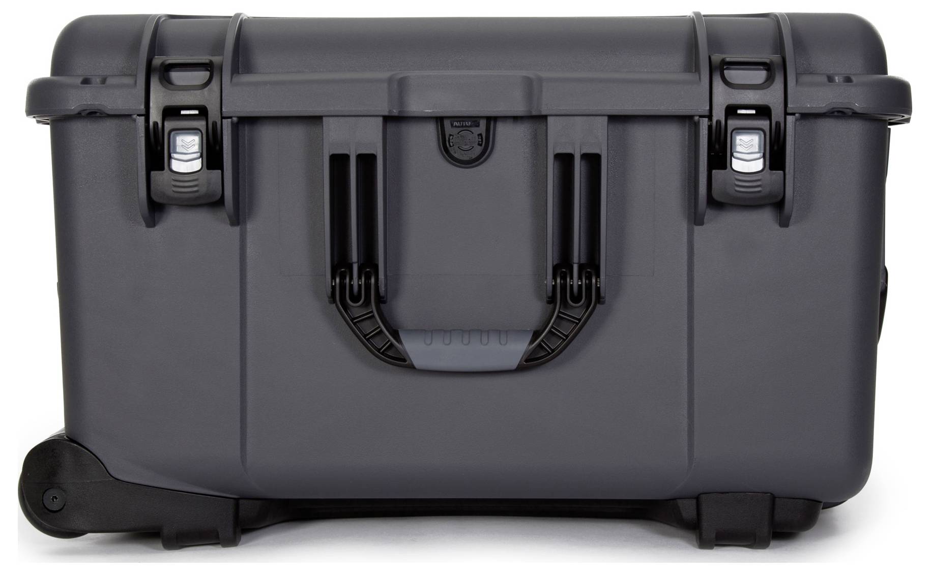 A black, robust hard-shell suitcase with a sturdy handle and two locking systems, ideal for secure transportation.