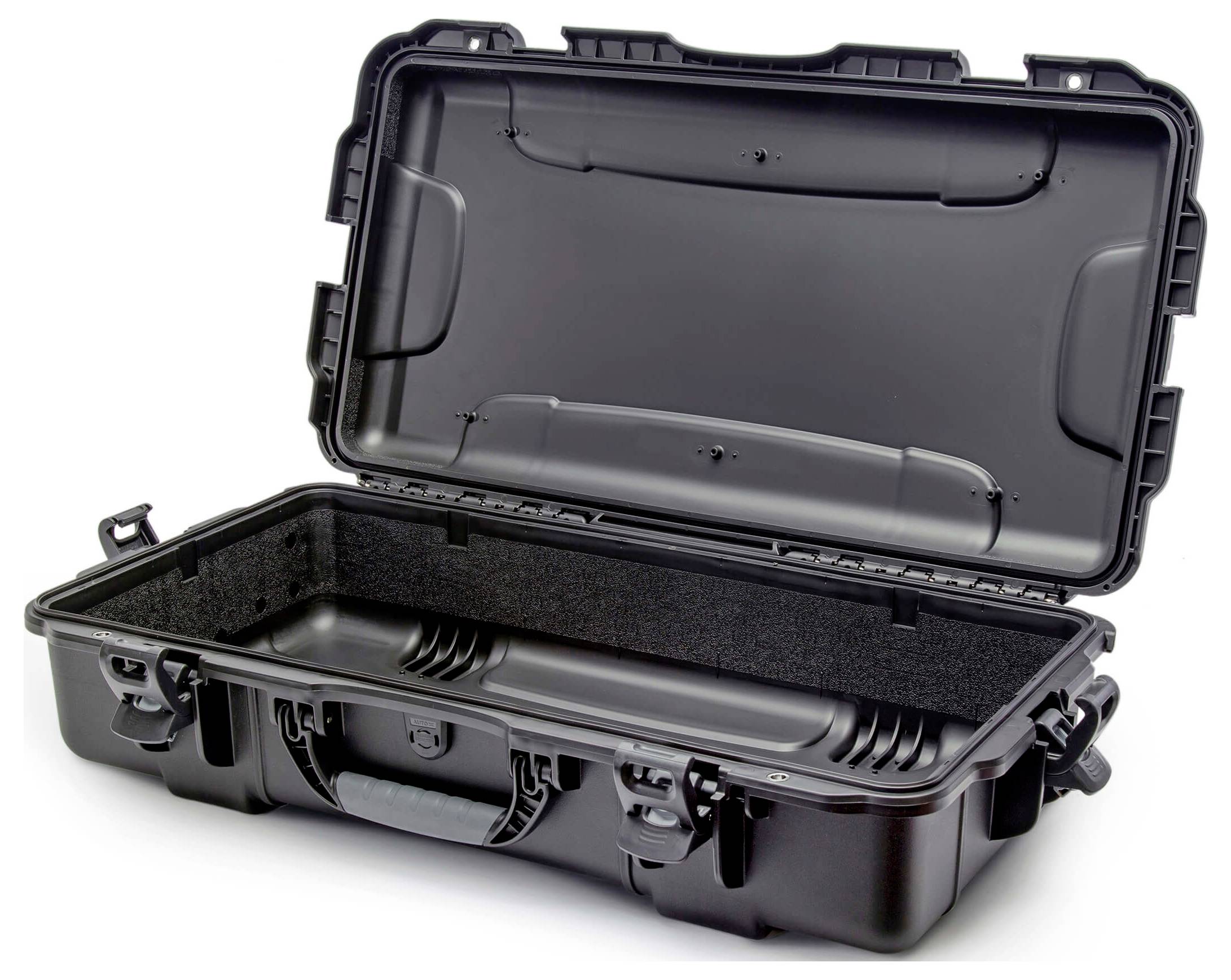 Black, open protective case with padded interior, suitable for the safe transportation of sensitive equipment.