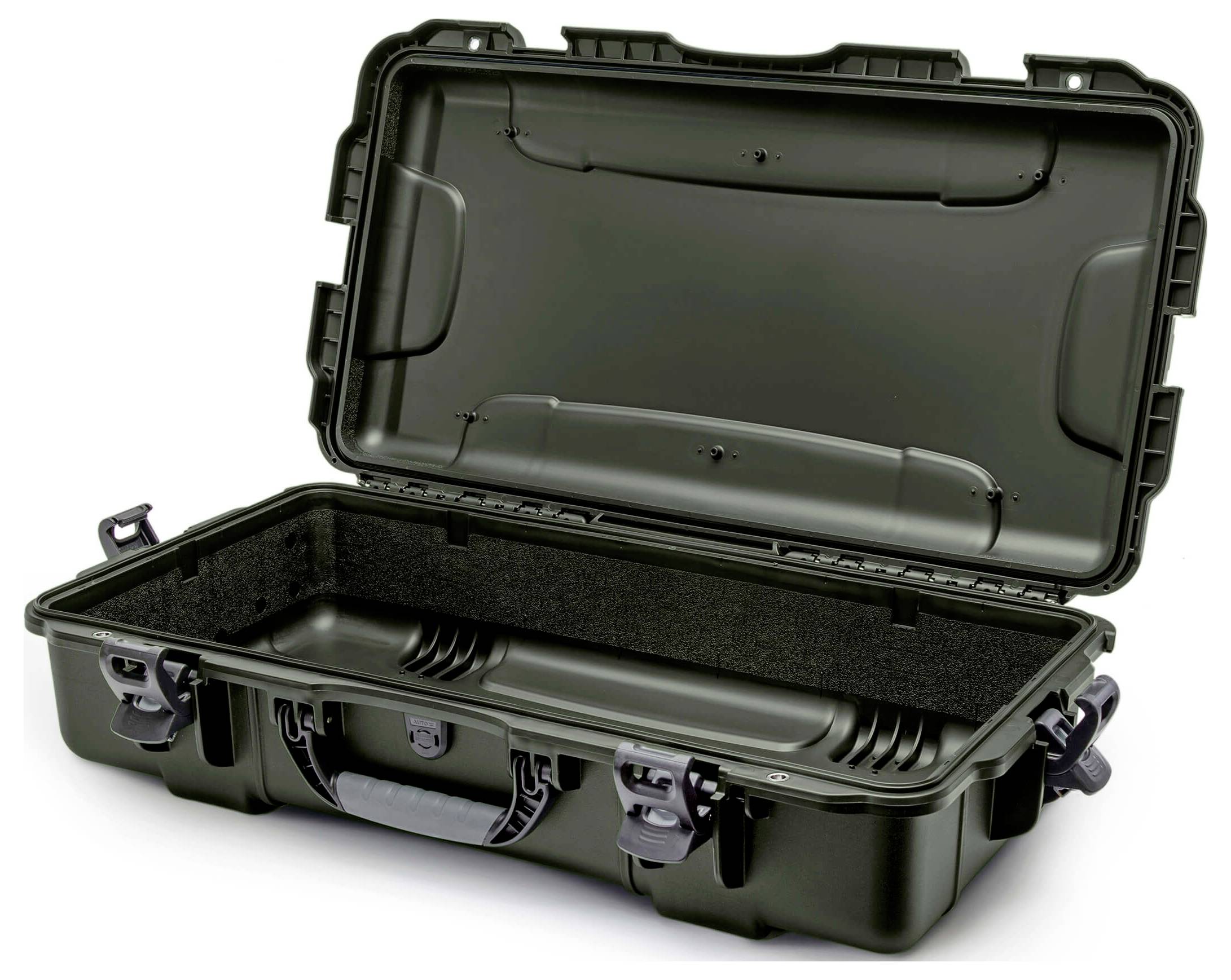 Open black hard-shell case with foam padding, suitable for the secure transportation of delicate equipment.