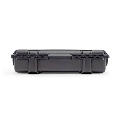 Black, flat protective case with robust design and secure fastening, suitable for transportation and storage of delicate items.