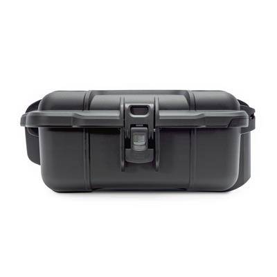 Black, rectangular protective case with robust locking mechanism, suitable for the secure storage of delicate equipment.