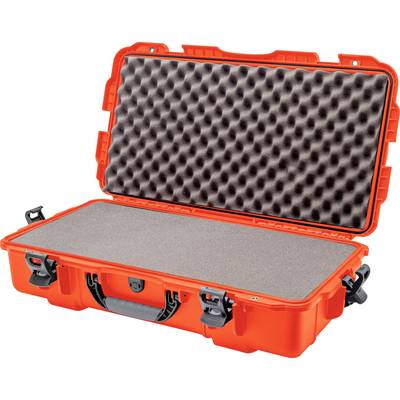 An open, orange hard-shell suitcase with black wave-patterned foam interior, suitable for protecting delicate items.