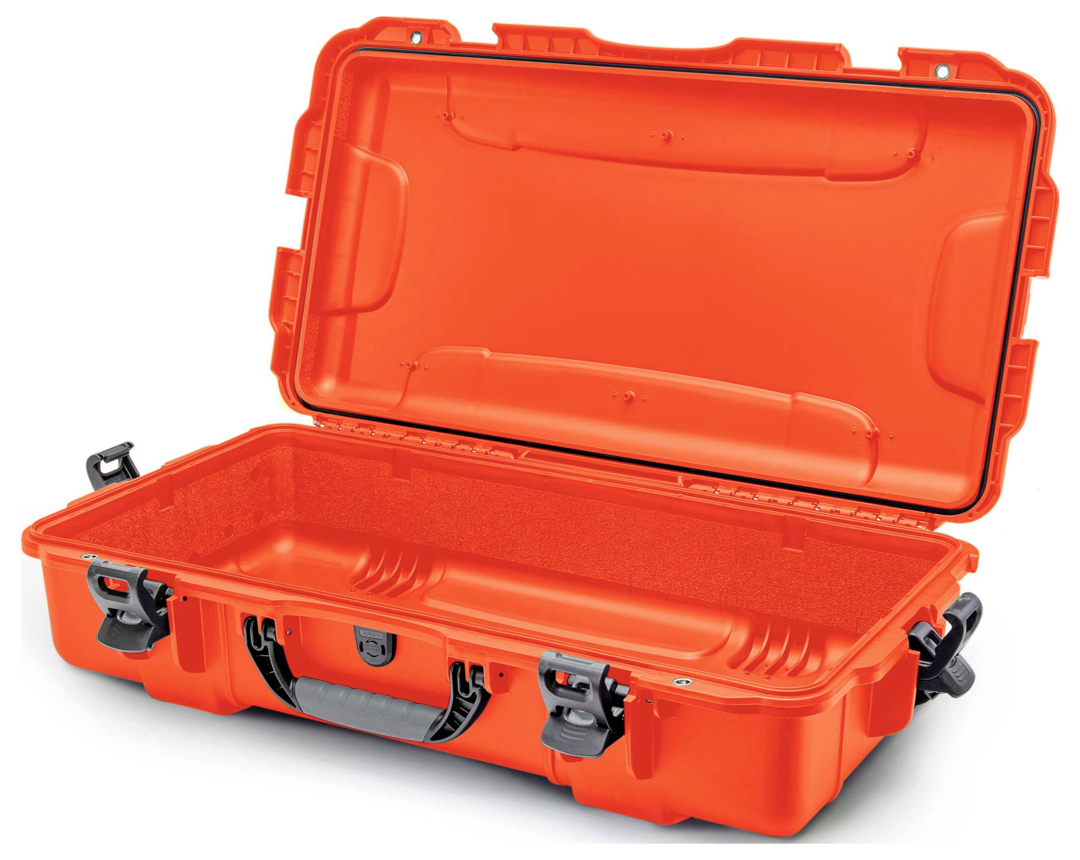 Orange protective case with open lid and foam lining, suitable for sensitive equipment or tools.