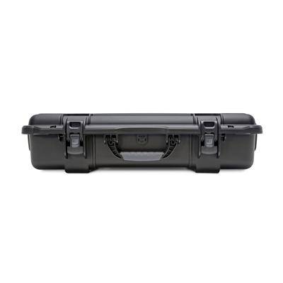Black, slim hard-shell case with two locks and a handle. Suitable for securely transporting delicate equipment.