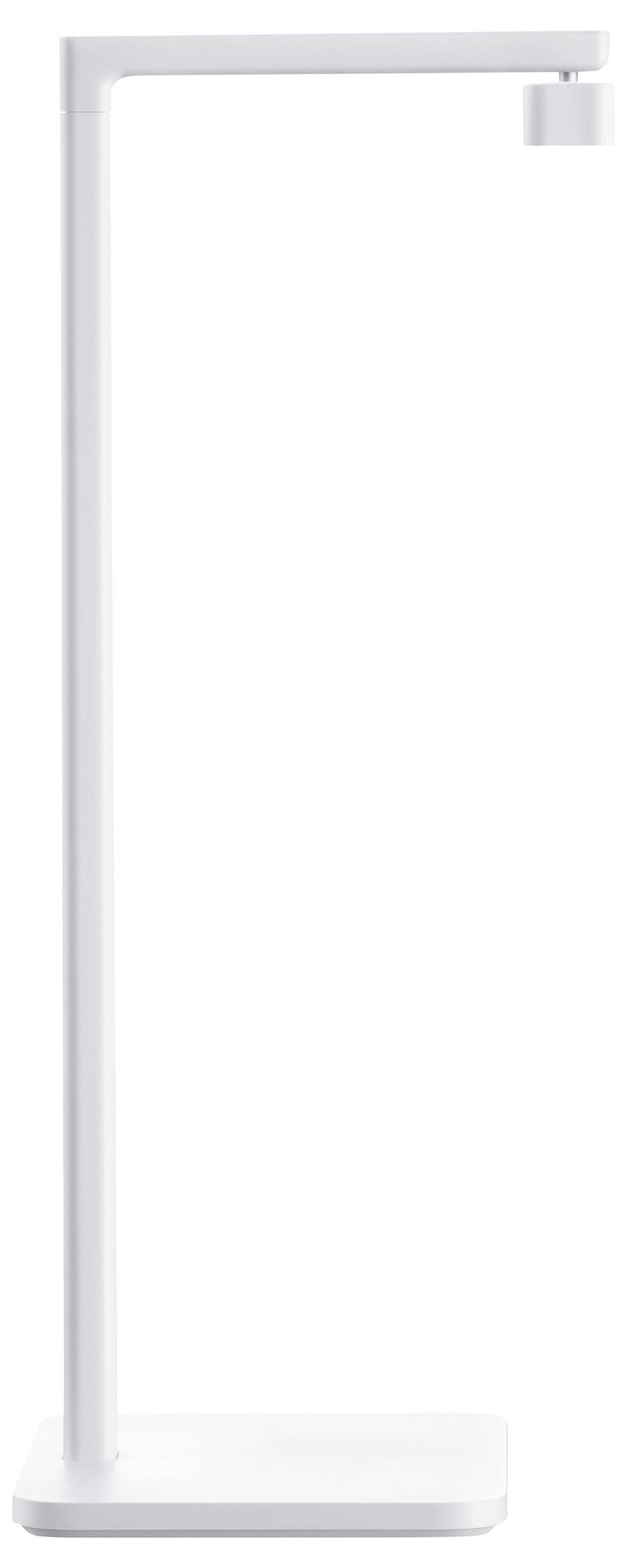 White, minimalist floor lamp with linear design and rectangular base, suitable for modern interior.