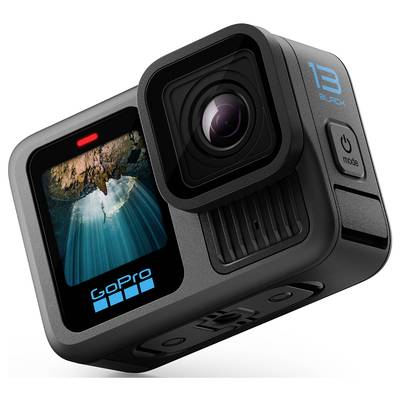 A black GoPro camera with two screen displays. The front screen shows an image of an underwater and cave motif.