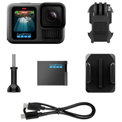 Camera with Accessories: An action camera with display screen, mounts, battery, screw and USB cable. Ideal for outdoor filming.