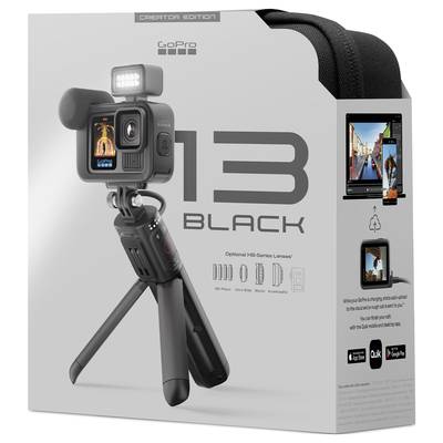 Packaging for the 'GoPro Hero 13 Black Creator Edition' with camera, microphone, tripod and light. Photos of camera usage options.