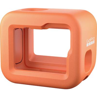 Orange GoPro camera mount, protects the device, provides access to buttons and ports, logo on the side.