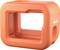 Orange GoPro camera mount, protects the device, provides access to buttons and ports, logo on the side.