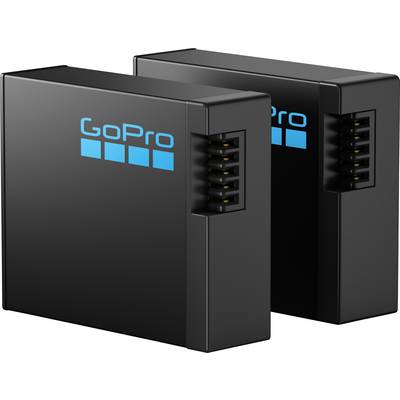 Two black batteries with blue 'GoPro' lettering. They have side connectors and are designed for device compatibility.