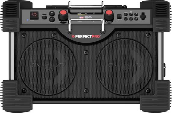 PerfectPro ROCKHART 18V Workplace radio DAB+, FM AUX, Bluetooth, DAB+, SD, FM, USB  Powerbank function, splashproof, dustproof, shockproof Black