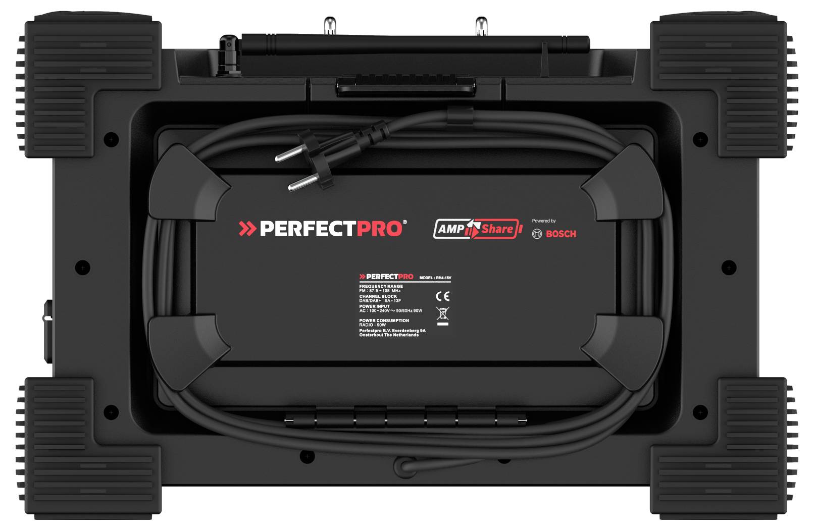 A portable, rugged radio device with a large speaker, cable winding, and connection options. The brand name 'PerfectPro' is visible.