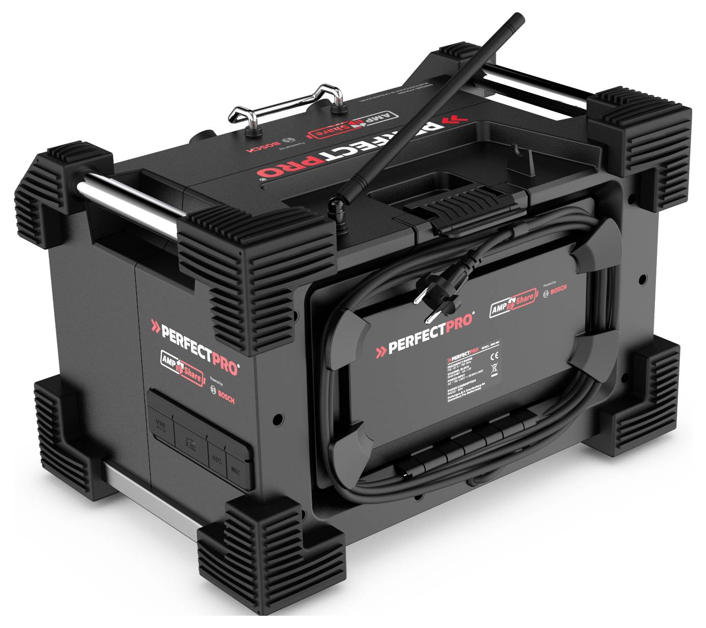 A portable radio with a robust casing, four black rubber corners and a fold-down handle on top. Suitable for construction sites.