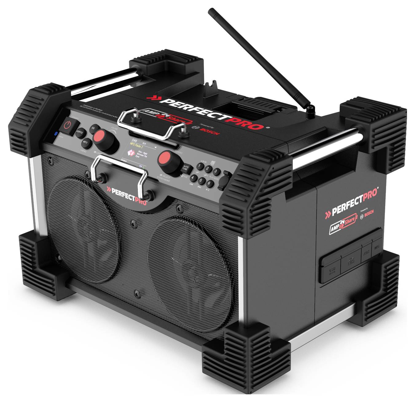 Black construction site radio with robust casing, two large speakers, and controls on top, suitable for harsh environments.