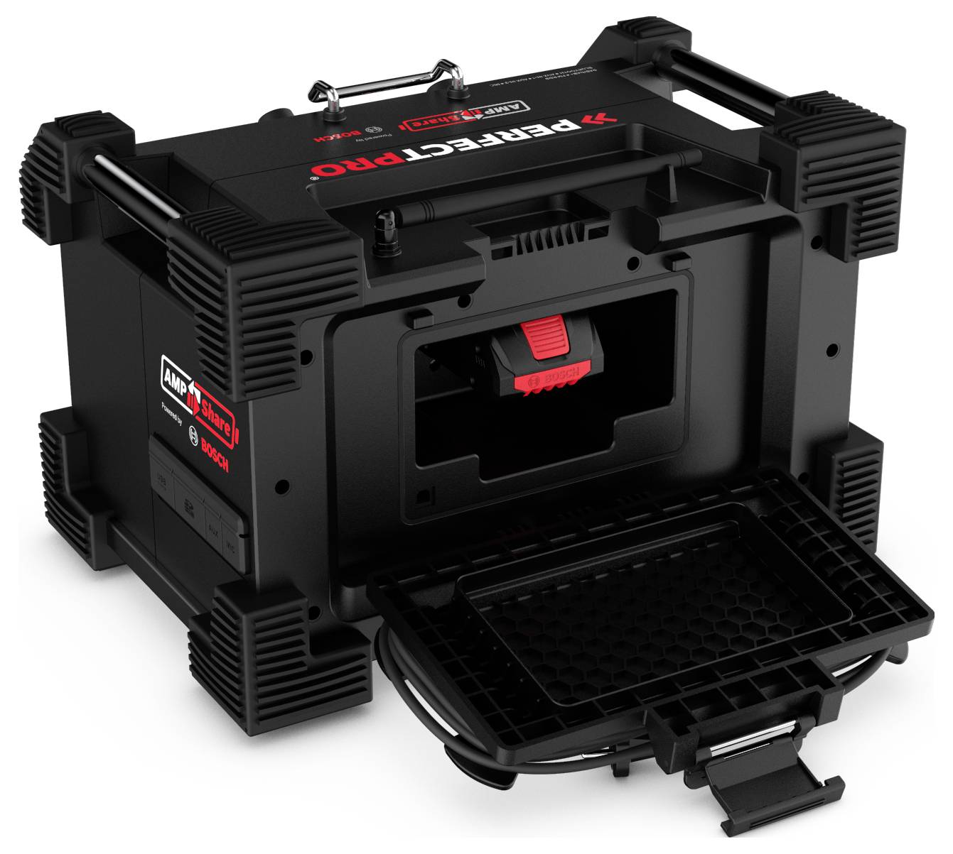 Black plastic toolbox with metal handles and red locking mechanism, open front flap revealing interior storage space.