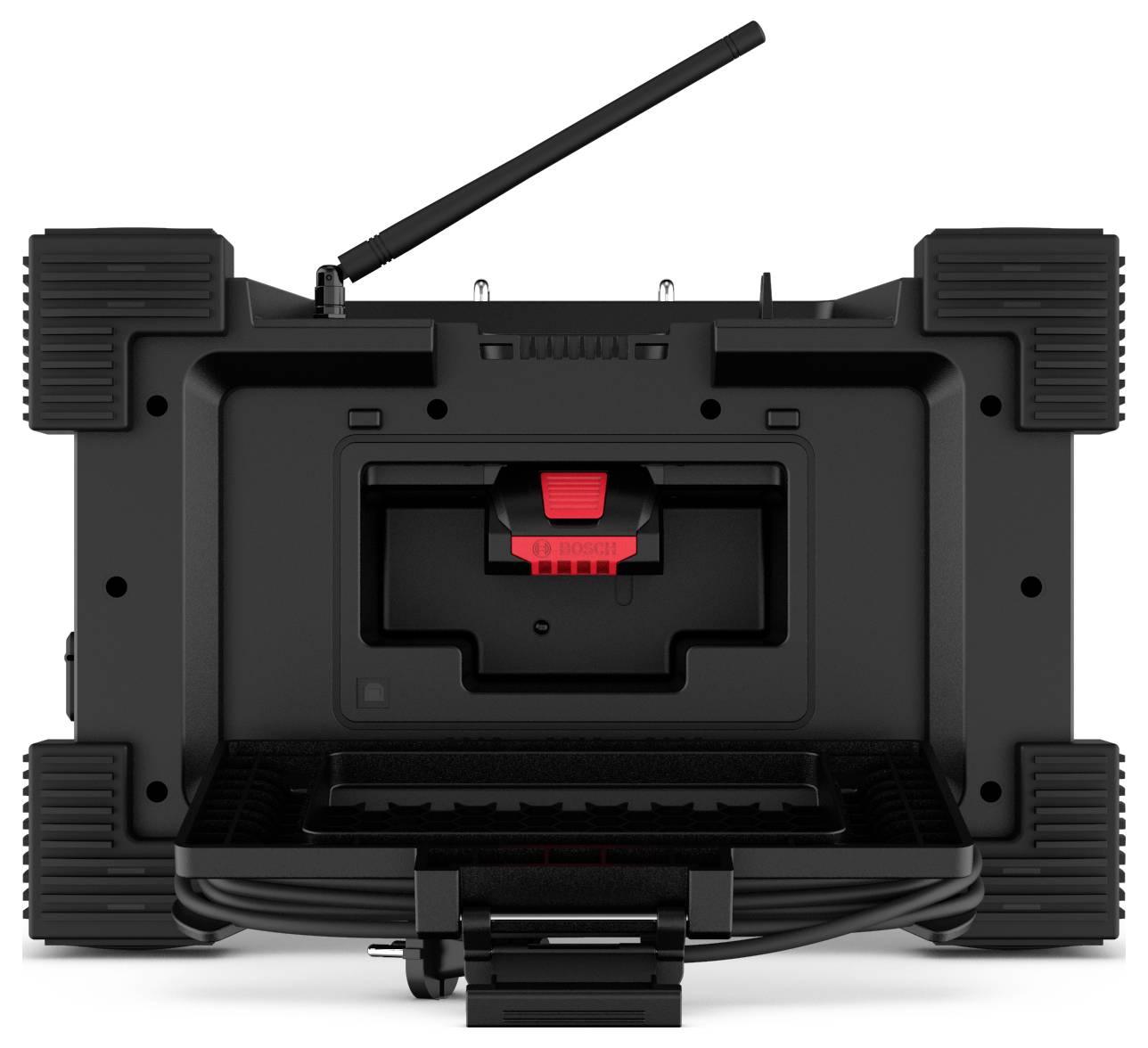 Black electronic device with a fold-out antenna and black carrying handle. Red button located centrally at the top.