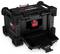 Black, robust toolbox with red handles and 'Perfect Pro' inscription. Front flap opened, revealing internal storage space.