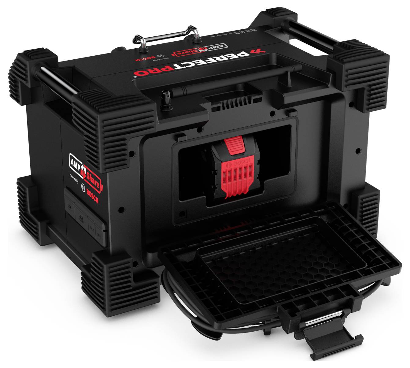 A black, robust case with an open compartment and a red fastener. The product name 'PERFECT-PRO' is visible on the top surface.