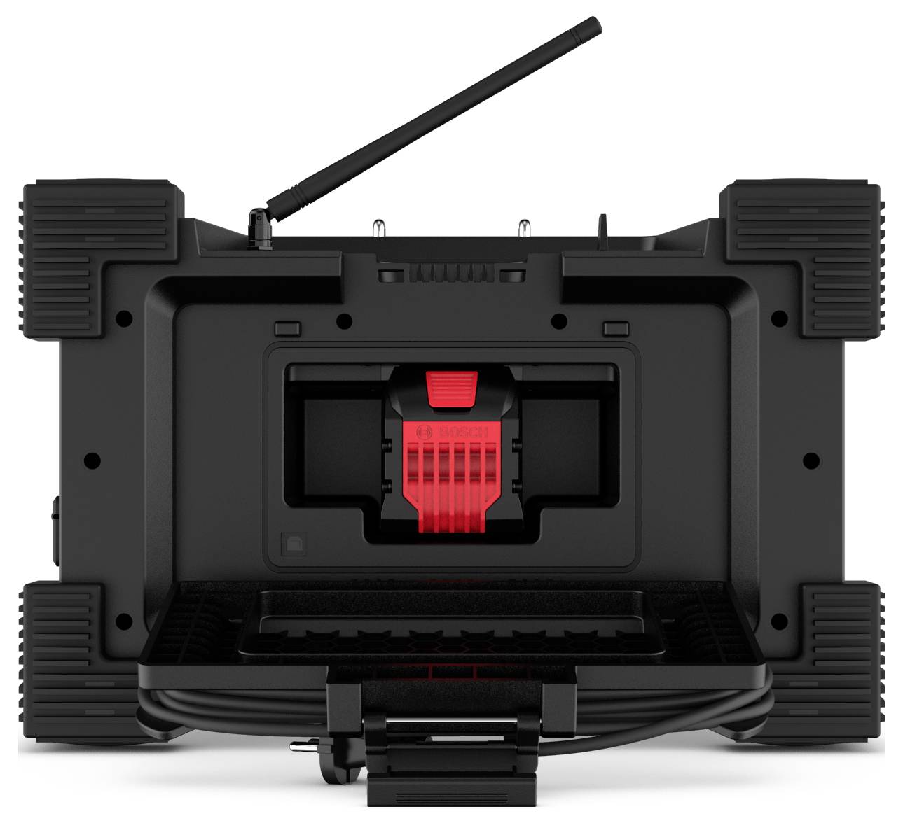 Front view of a robust plastic device with an antenna, red switch, and cable holder, standing on non-slip feet.