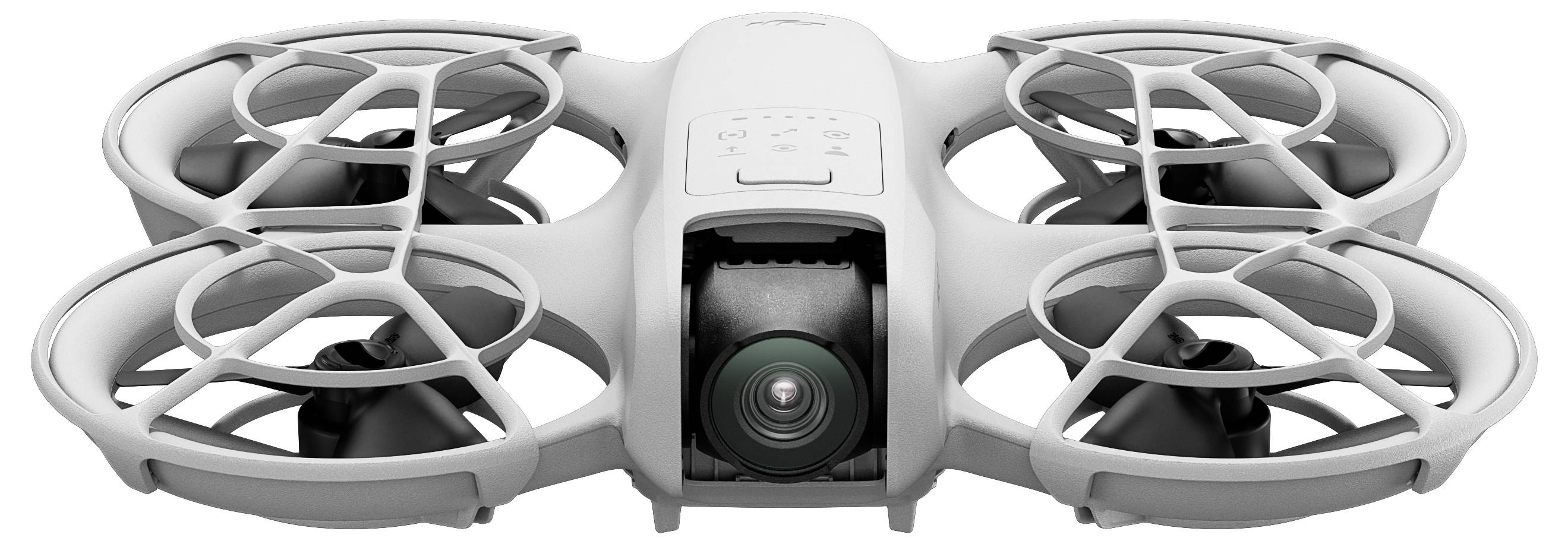 A white drone with four propellers and an integrated camera, positioned frontally. Ideal for aerial photography and videography.