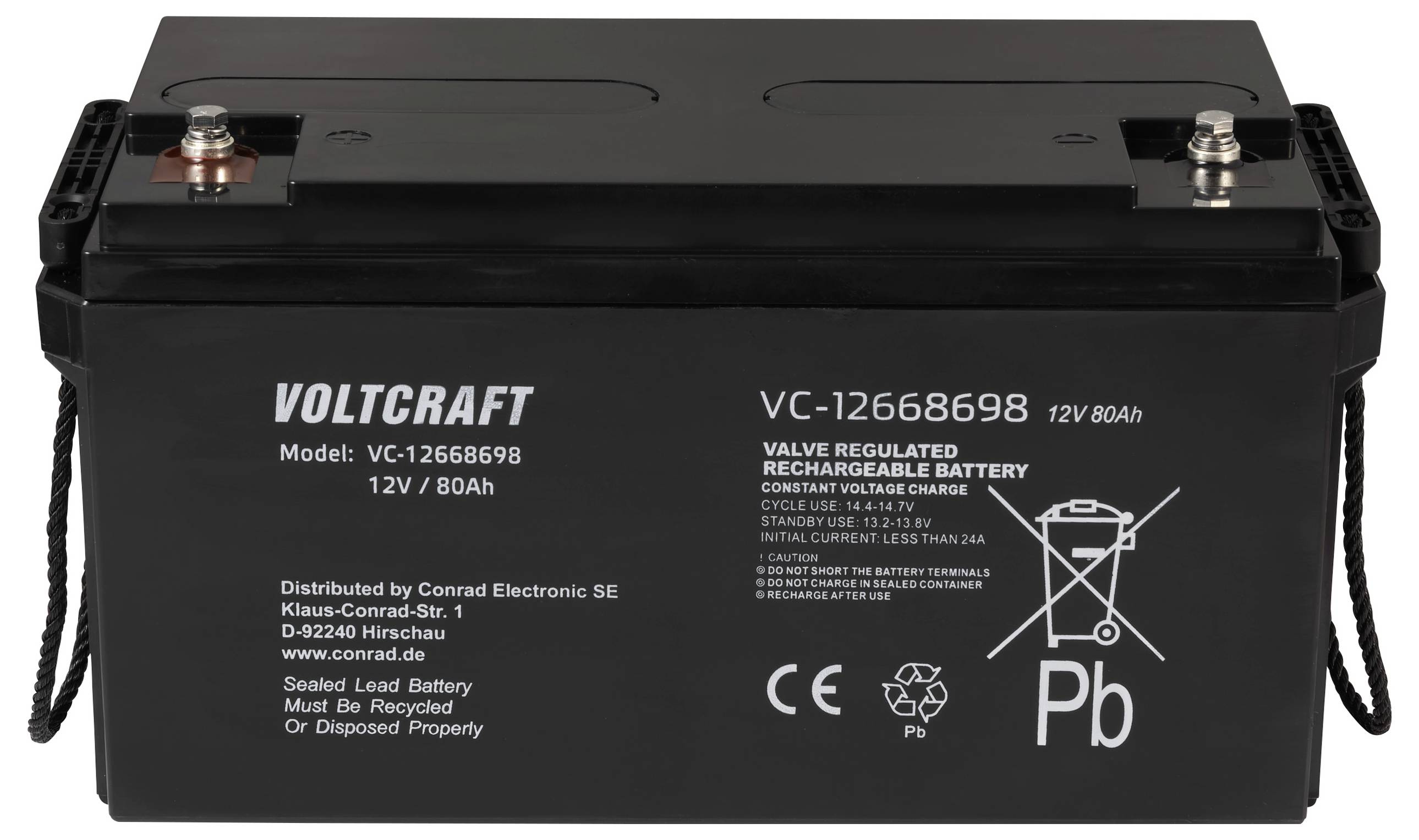 Black lead-acid battery with brand name 'Voltcraft' and model number 'VC-12668698', showing specifications and recycling symbols.